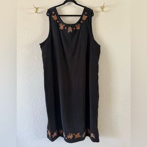 Vintage Erika Black Velvety Embroidered Fall Long Midi Dress 3X Autumn Leaves